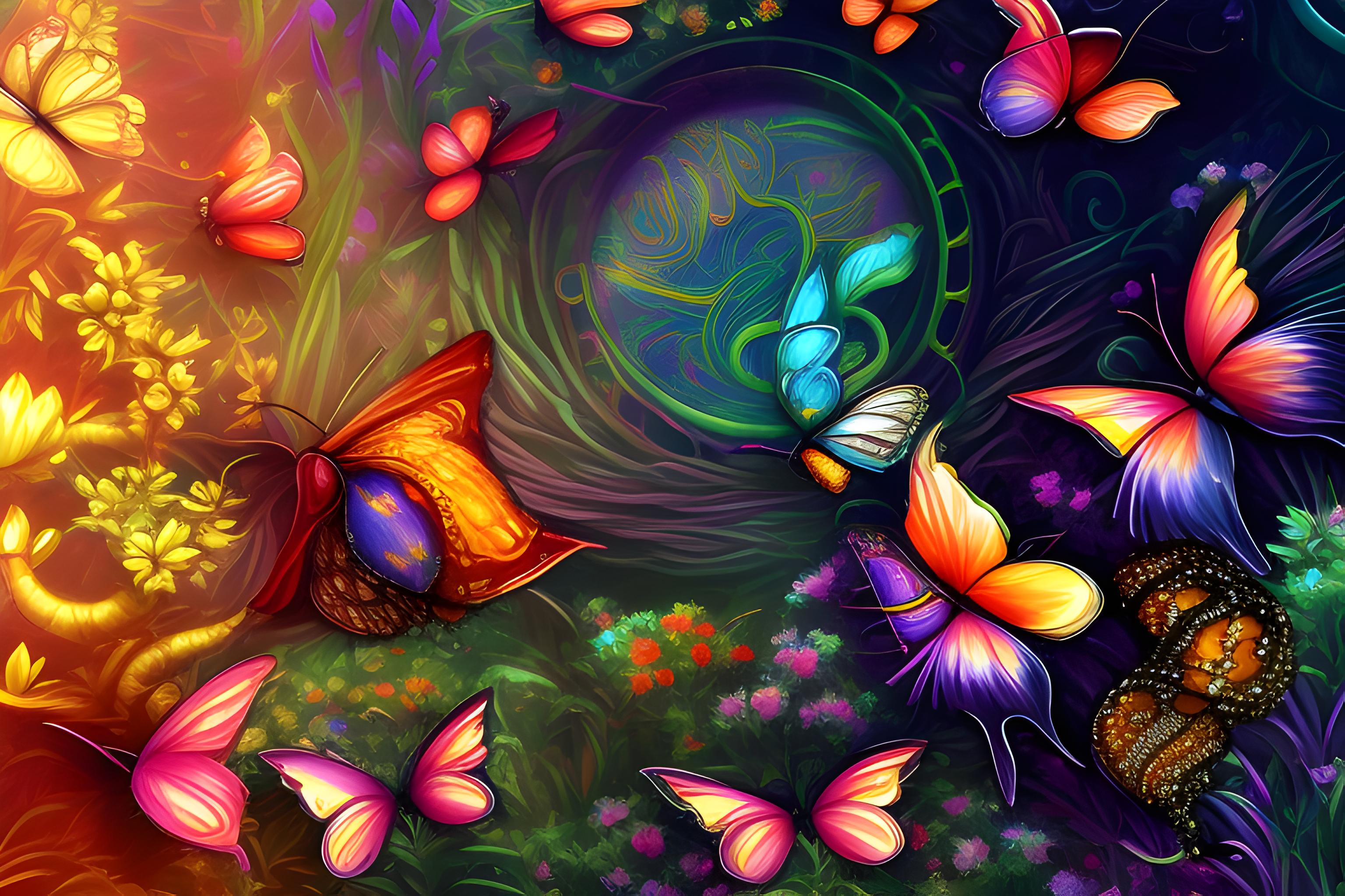 quiero una imagen horizontal, para fondo de pc, que sea de mariposas, con tonos azules, celestes, dorados y eso, pero que sea mas fantasia 